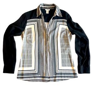 Cache Black & White Silk Geometric Print Blouse – Size Medium